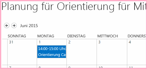 Ein Kalender namens „Planung für Orientierung für Mitarbeiter“ mit dem Element „Orientierung Cassie Hicks“ am 1. Juni