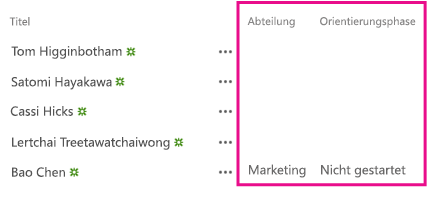 Die Liste mit den neuen Spalten „Abteilung“ und „Orientierungsphase“.