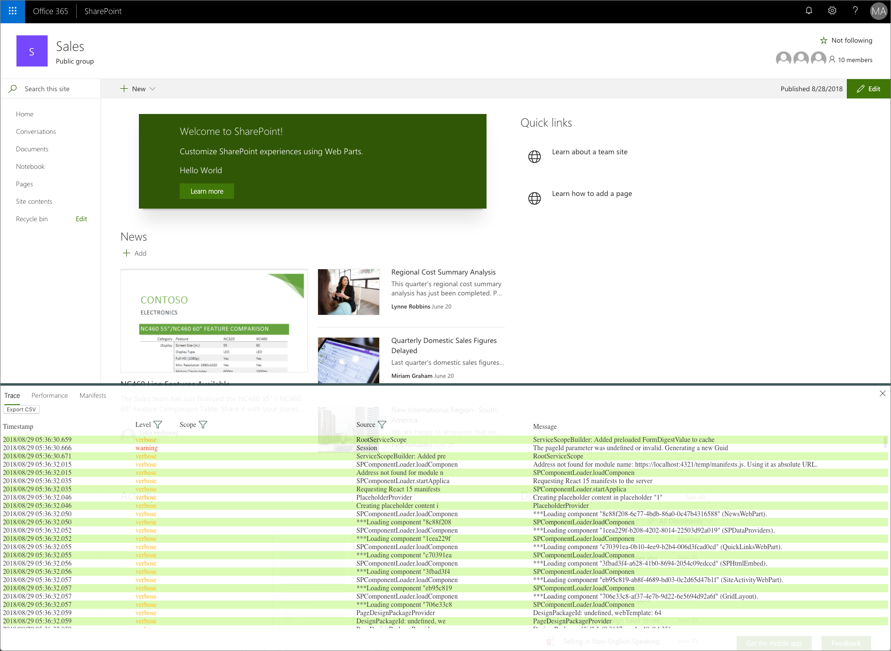 Das Entwicklerdashboard, aktiviert auf einer modernen SharePoint-Seite