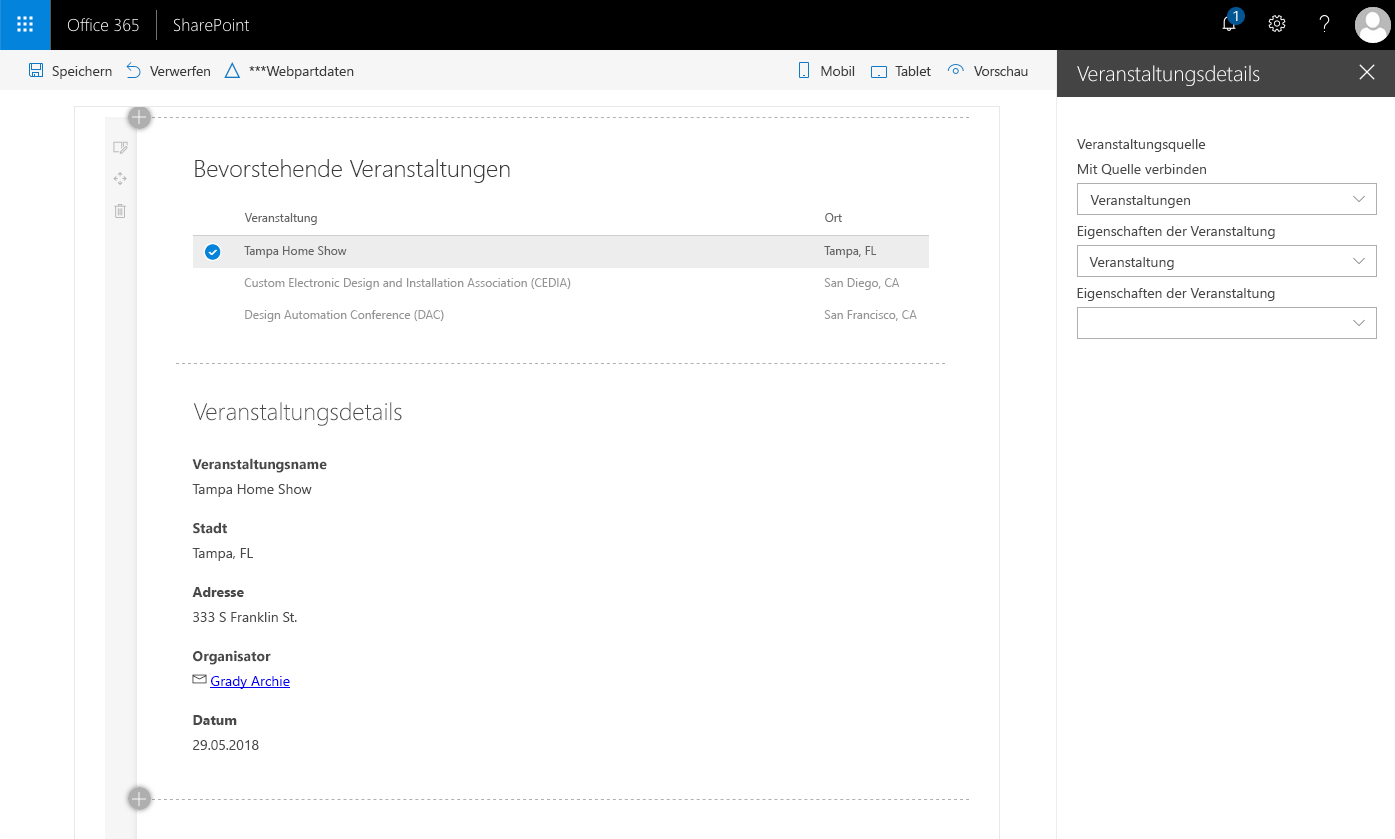 Standardbenutzeroberfläche (UX) zum Verbinden von SharePoint Framework-Webparts mit dynamischen Datenquellen, die auf der Seite verfügbar sind