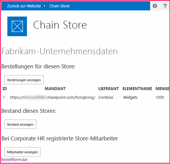 Die Startseite mit dem Chromsteuerelement am oberen Rand. Der gesamte Text und die Steuerelemente weisen das SharePoint-Format auf.