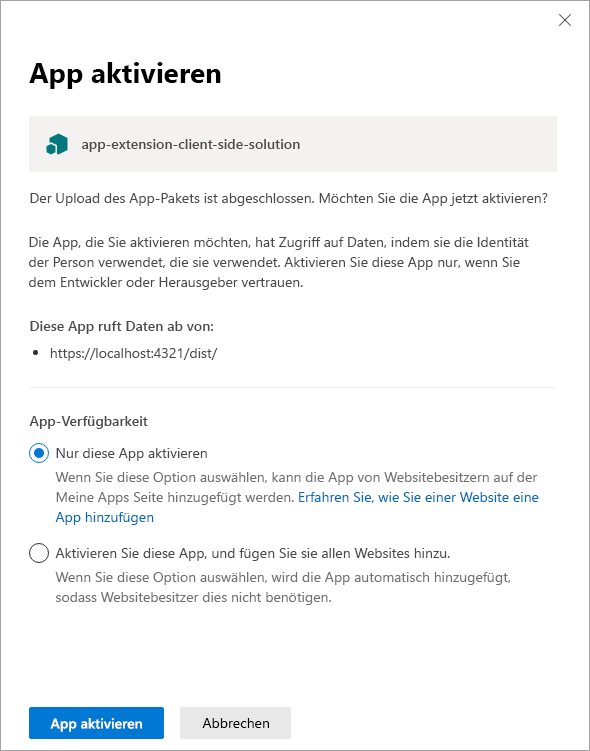 Bestätigen des Vertrauens beim Upload in den App-Katalog