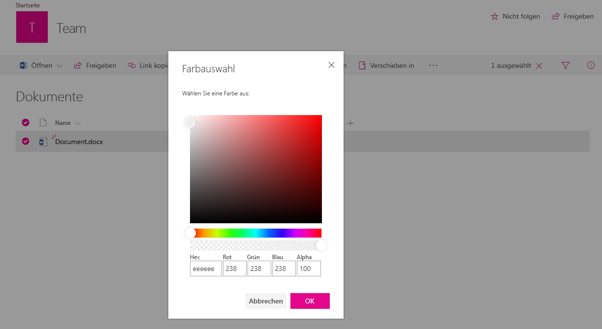 Im Dialogmodus gerenderte Farbauswahl