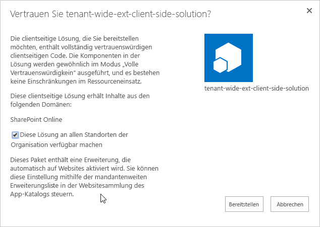 Vertrauenswürdiges SharePoint-Framework-Paket für den Mandanten-App-Katalog bereitgestellt