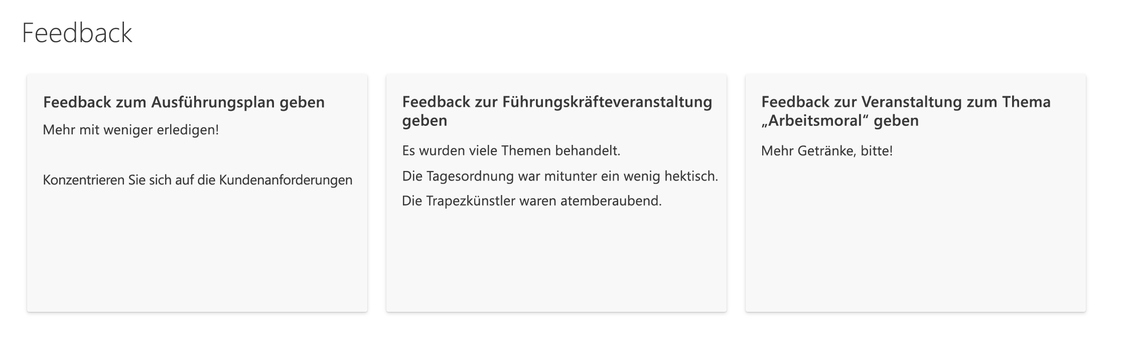 Im Kataloglayout formatierte Feedbackliste