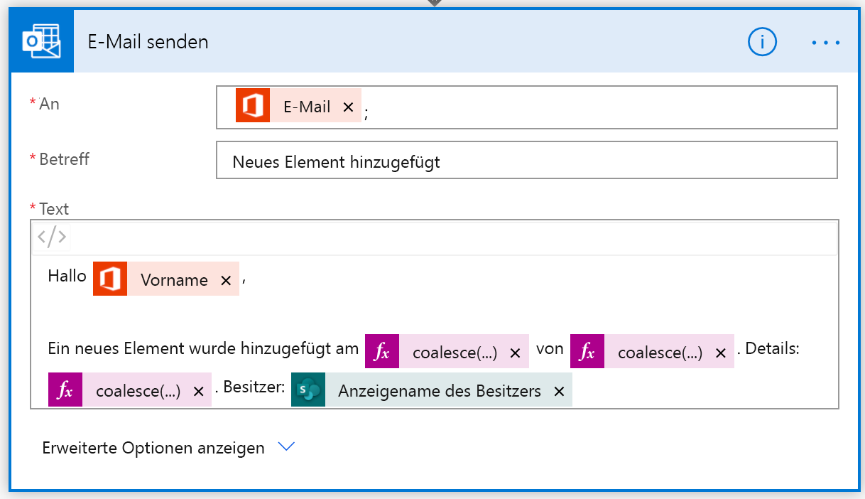 Flow-Designer – dynamischen Inhalt des Besitzers hinzufügen – Textkörper