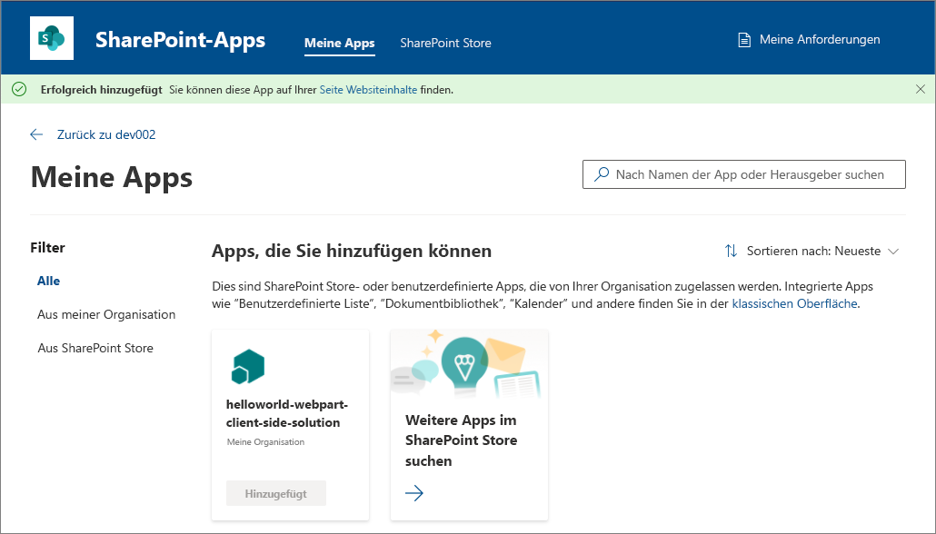 Hinzufügen der App zur Website