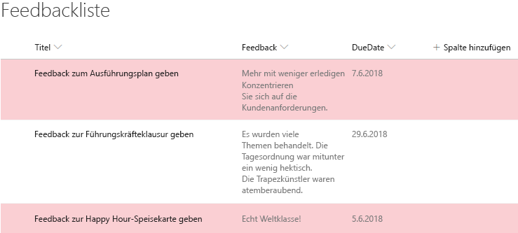 SharePoint-Liste mit einer Ansicht mit bedingter Formatierung