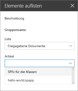 Geöffnetes Listenelement-Dropdown im Webpart-Eigenschaftenbereich