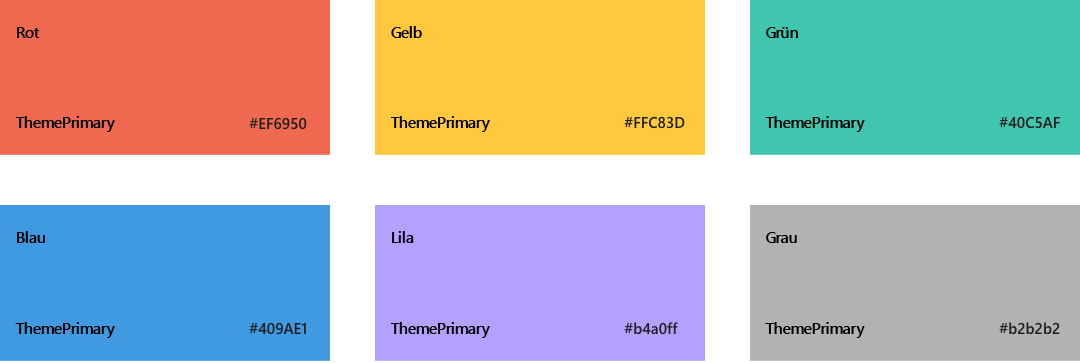 SharePoint-Farbpalette für dunkle Designs, Rot EF6950, Gelb FFC83D, Grün 00b294, Blau 3a96dd, Lila 9c89e9, Grau b1adab