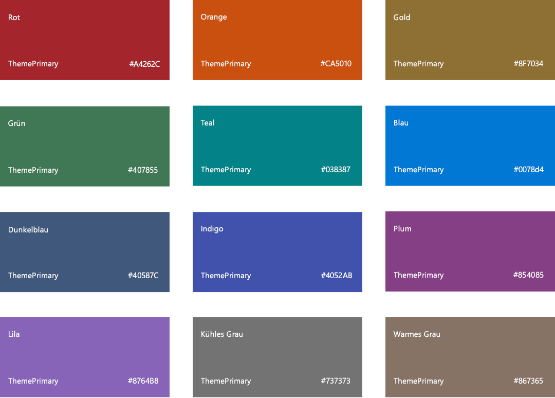 SharePoint-Farbpalette, Rot A4262C, Orange CA5010, Gold 986f0b, Grün 498205, Blaugrün 038387, Blau 0078d4, Dunkelblau 004e8c, Indigo 4f6bed, Pflaume 881798, Lila 8764B8, Kühles Grau 69797e, Warmes Grau 7a7574