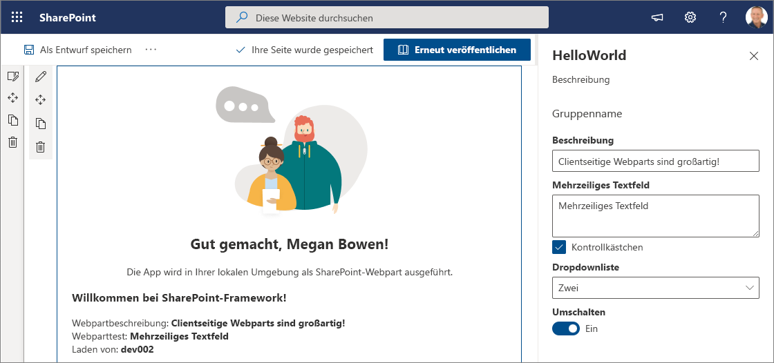 „Hello World“-Webpart auf der modernen Seite mit Eigenschaftenbereich