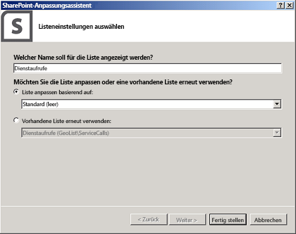Hinzufügen der SharePoint-Liste mithilfe des Assistenten
