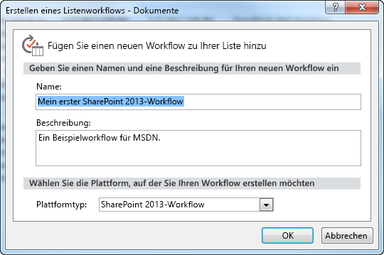 Dialog für Workflowerstellung