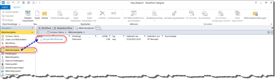 Workflowvorlage in Websiteobjekten.