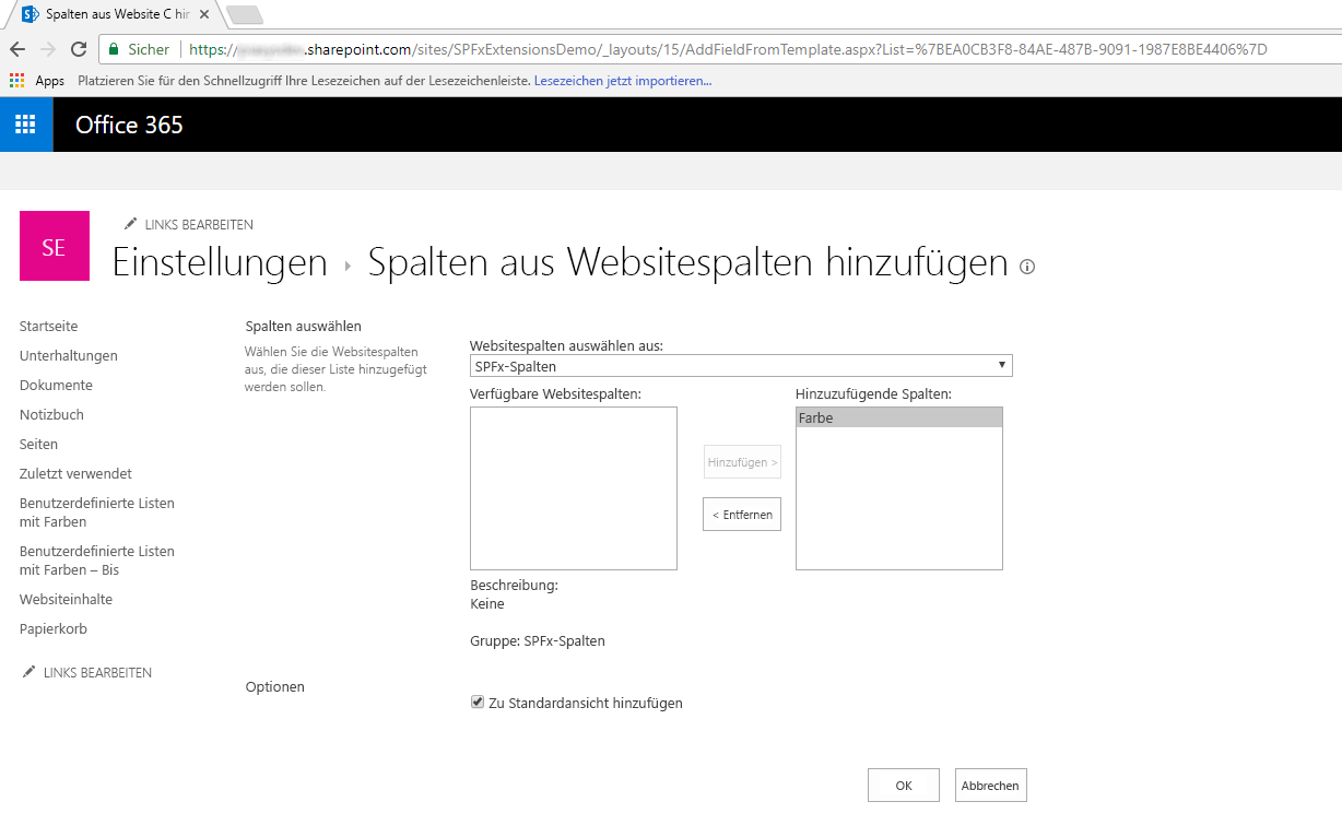 Hinzufügen des Felds zur Liste