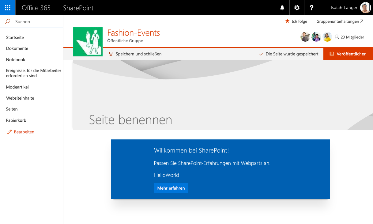 Clientseitiges SharePoint Framework-Webpart mit blauem Farbschema auf einer modernen Teamwebsite, die ein rotes Design aufweist