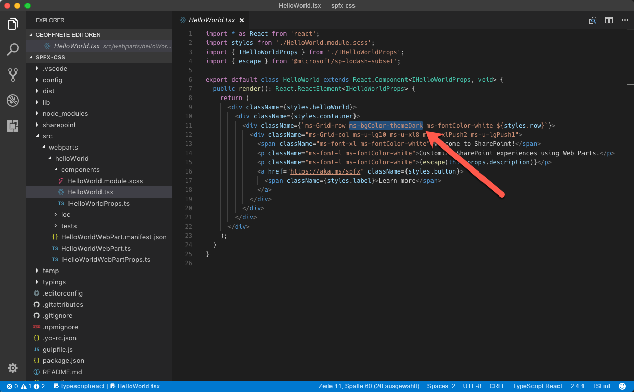 Die Klasse „ms-bgColor-themeDark“ ausgewählt im Visual Studio-Code-Editor