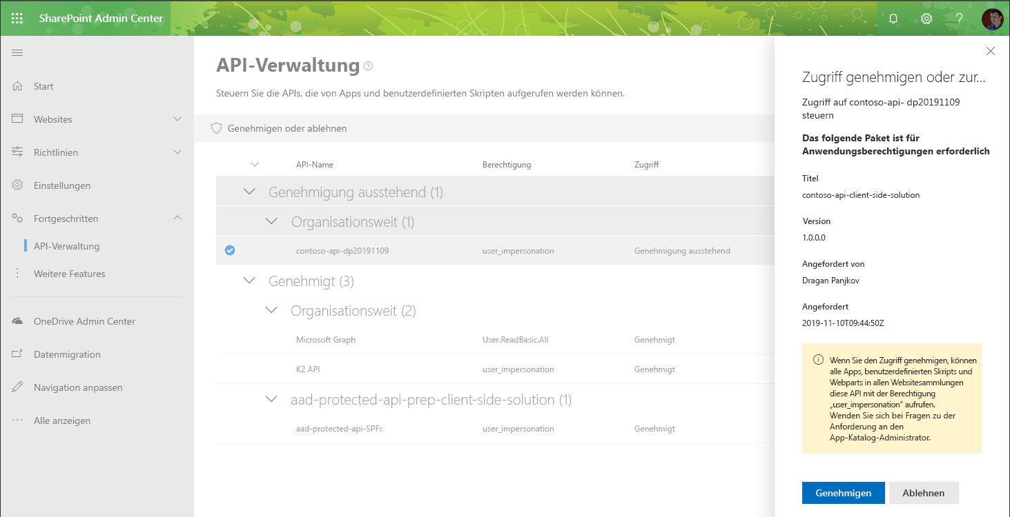 Screenshot der Verwaltungsseite für WebApiPermission während des Genehmigungsprozesses