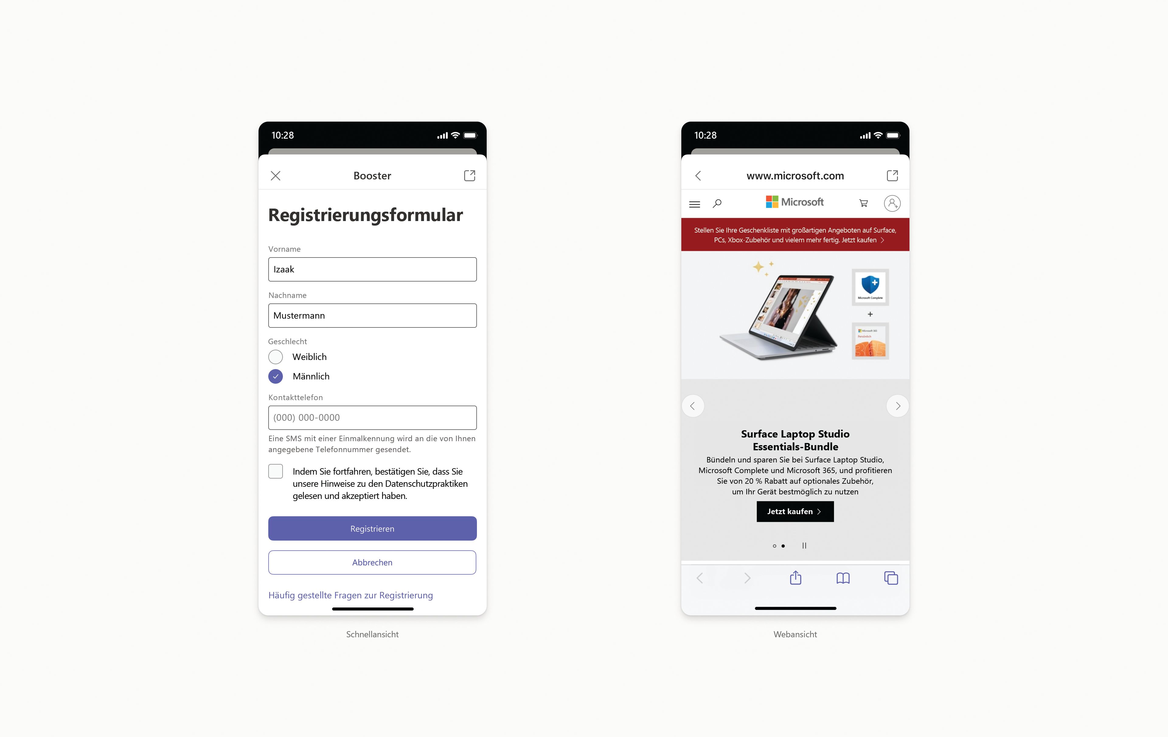 Screenshot der Registrierungsformularkarte und einer Webbrowser-Registerkarte von Microsoft dot com.