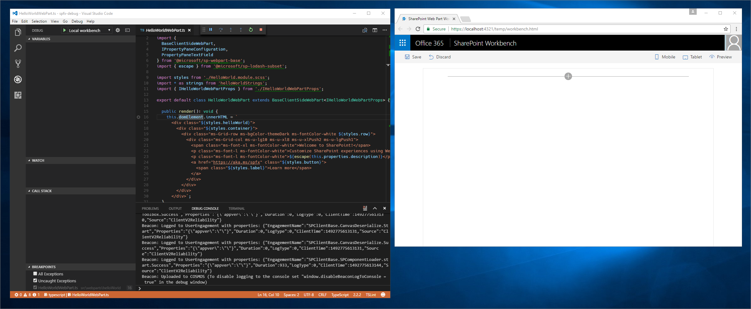 Visual Studio Code im Debugmodus, der neben Google Chrome mit der SharePoint-Workbench angezeigt wird