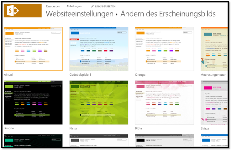 Screenshot, der die zusammengesetzten Looks zeigt, die unter Websiteeinstellungen > verfügbar sind Erscheinungsbild ändern