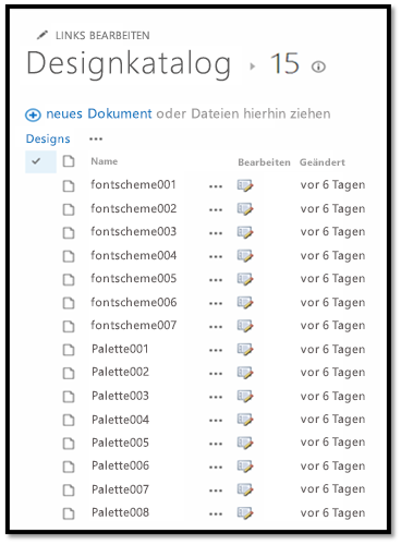 Screenshot der Designgalerie mit Fontschema und Palettendateien