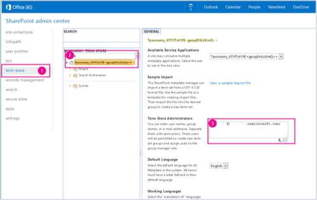 Screenshot, des SharePoint Admin Centers mit hervorgehobenen Terminologiespeicher, Taxonomieterminologiespeicher-Suchfeld, und Terminologiespeicheradministratorfeldern.