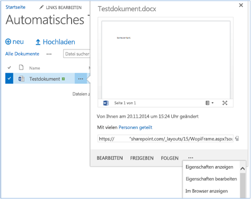 Screenshot eines Testdokuments in der Bibliothek mit erweiterten Eigenschaften.