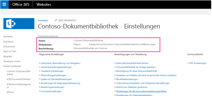 Screenshot einer Seite mit den Dokumentbibliothekeinstellungen mit hervorgehobenen Namen-, Webadresse- und Beschreibungsfeldern.