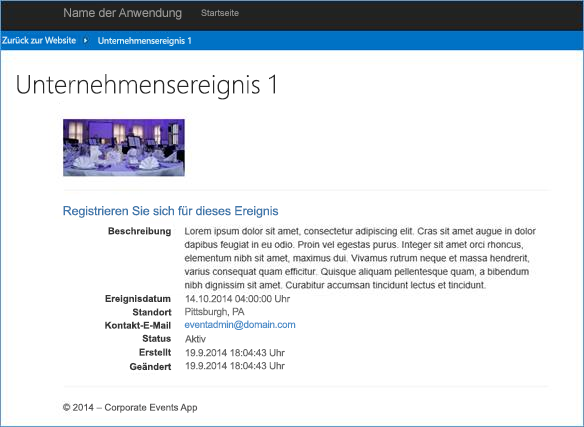 Screenshot der Add-In-Benutzeroberfläche mit dem Unternehmensereignisbildschirmbereich mit Ereignisdetails