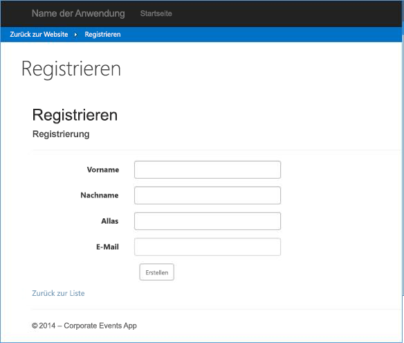 Screenshot des Add-In-Registrierungsbildschirms für Unternehmensereignisse