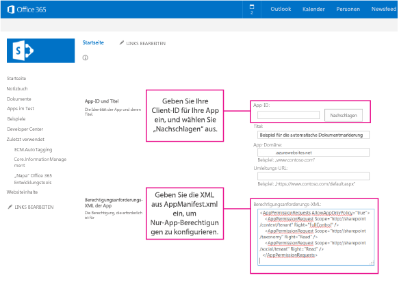 Screenshot der AppInv.aspx-Seite mit hervorgehobenen App-ID- und Berchtigungsanforderungs-XML-Feldern.