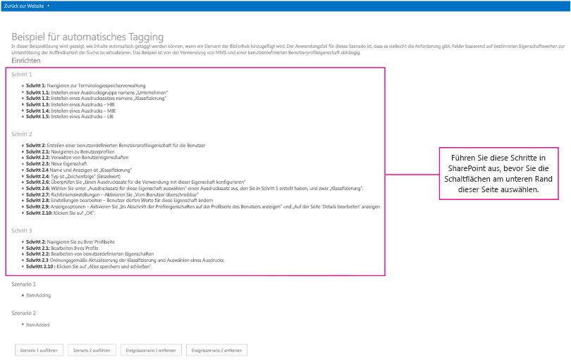 Screenshot der Autotagging-Add-In-Startseite mit drei hervorgehobenen Einrichtungsschritten.