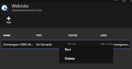 Die WebJobs-Azure-Portal wird mit der liste der neuen Aufträge angezeigt. Über dem Auftrag wird ein Kontextmenü mit den Optionen Ausführen und Löschen angezeigt.
