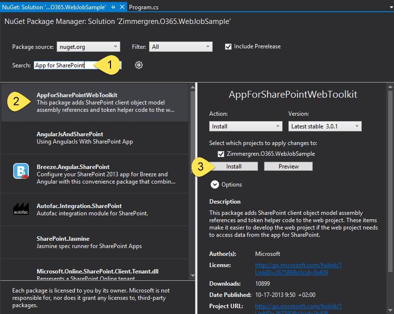 Das Dialogfeld NuGet-Paket-Manager mit dem Suchbegriff App für SharePoint. App für SharePoint Web Toolkit ist hervorgehoben, und auf die Schaltfläche Installieren kann geklickt werden.