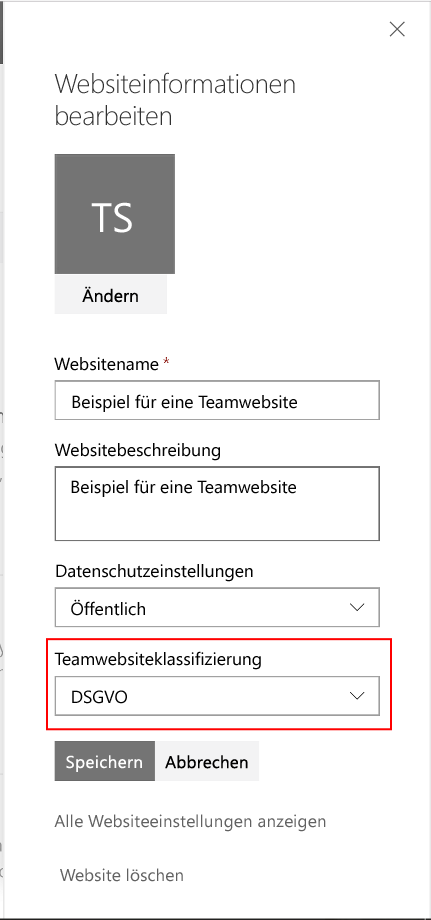 Die Option „Websiteklassifizierung“ beim Bearbeiten der Einstellungen der Websiteinformationen einer „modernen“ Website in SharePoint Online