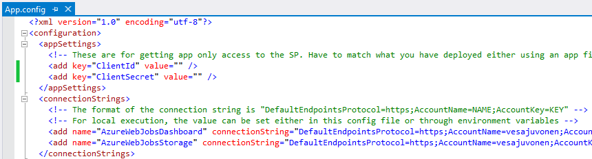 Die App.config-Datei ist in Visual Studio im appSettings-Element geöffnet. Zwei untergeordnete Elemente mit dem Namen Add werden unter dem appSettings-Element aufgeführt. Für das erste Add-Element sind das Attribut key=ClientId und das Value-Attribut gleich einem Paar doppelter Anführungszeichen. Für das zweite Add-Element sind das Attribut key=ClientSecret und das Value-Attribut gleich einem Paar doppelter Anführungszeichen.