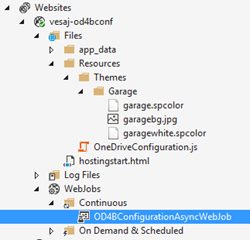 Der Server Explorer die geschachtelten Objekte Websites, vesaj-od4bconf, Dateien, Ressourcen, Designs, Garage und zeigt Dateien im Ordner Garage an.