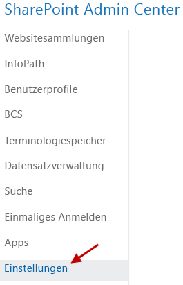 SharePoint Admin Center-Menü mit hervorgehobener Menüoption „Einstellungen“.