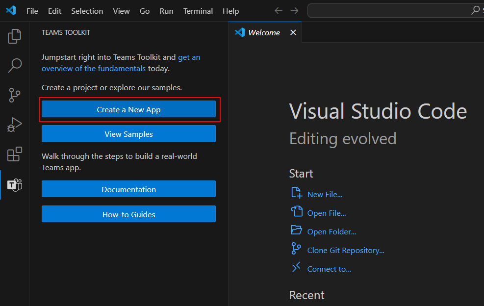 The UI of Microsoft Visual Code with the Microsoft Teams Toolkit activated. On the left side there is the "Create a New App" button highlighted