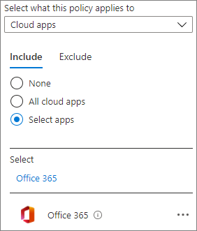 Screenshot der Office 365-Cloud-App in einer Microsoft Entra Richtlinie für bedingten Zugriff