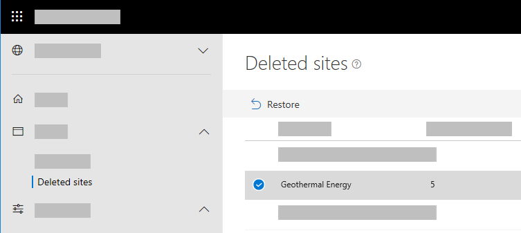 Screenshot: Gelöschte Websites im neuen SharePoint Admin Center