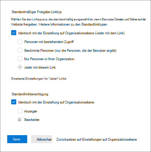 Ändern der Einstellungen des Standardfreigabelinks der Website