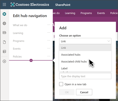 Abbildung des Navigationsabschnitts auf einer SharePoint-Website im Bearbeitungsmodus