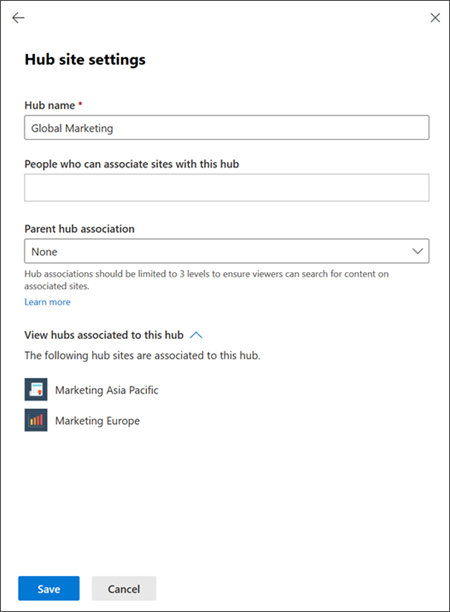 Abbildung des Hubverwaltungsbereichs im SharePoint Admin Center