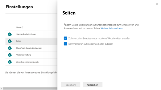 Seiteneinstellungen im neuen SharePoint Admin Center