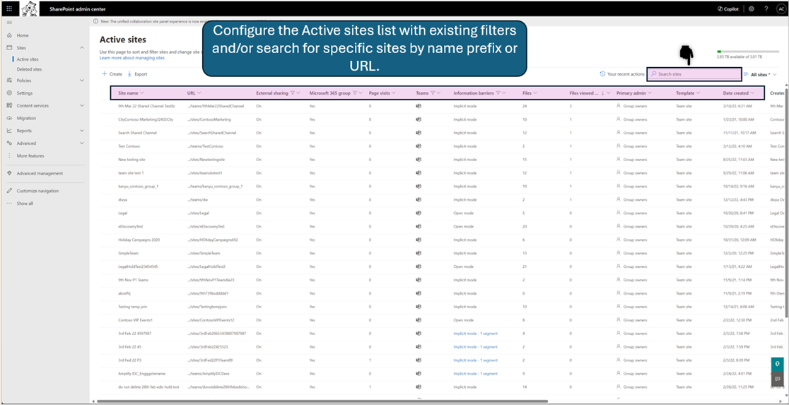 Screenshot der Verwendung von Filter- und Sortierfunktionen zum Sortieren aktiver Websites in SPAC