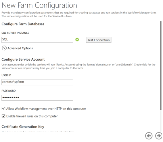 Screenshot: Konfigurationsoptionen im SharePoint-Workflow-Manager-Konfigurations-Assistenten