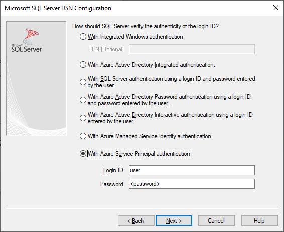 Der Bildschirm zum Erstellen und Bearbeiten von DSNs mit ausgewählter Microsoft Entra-Authentifizierung mit Dienstprinzipal.